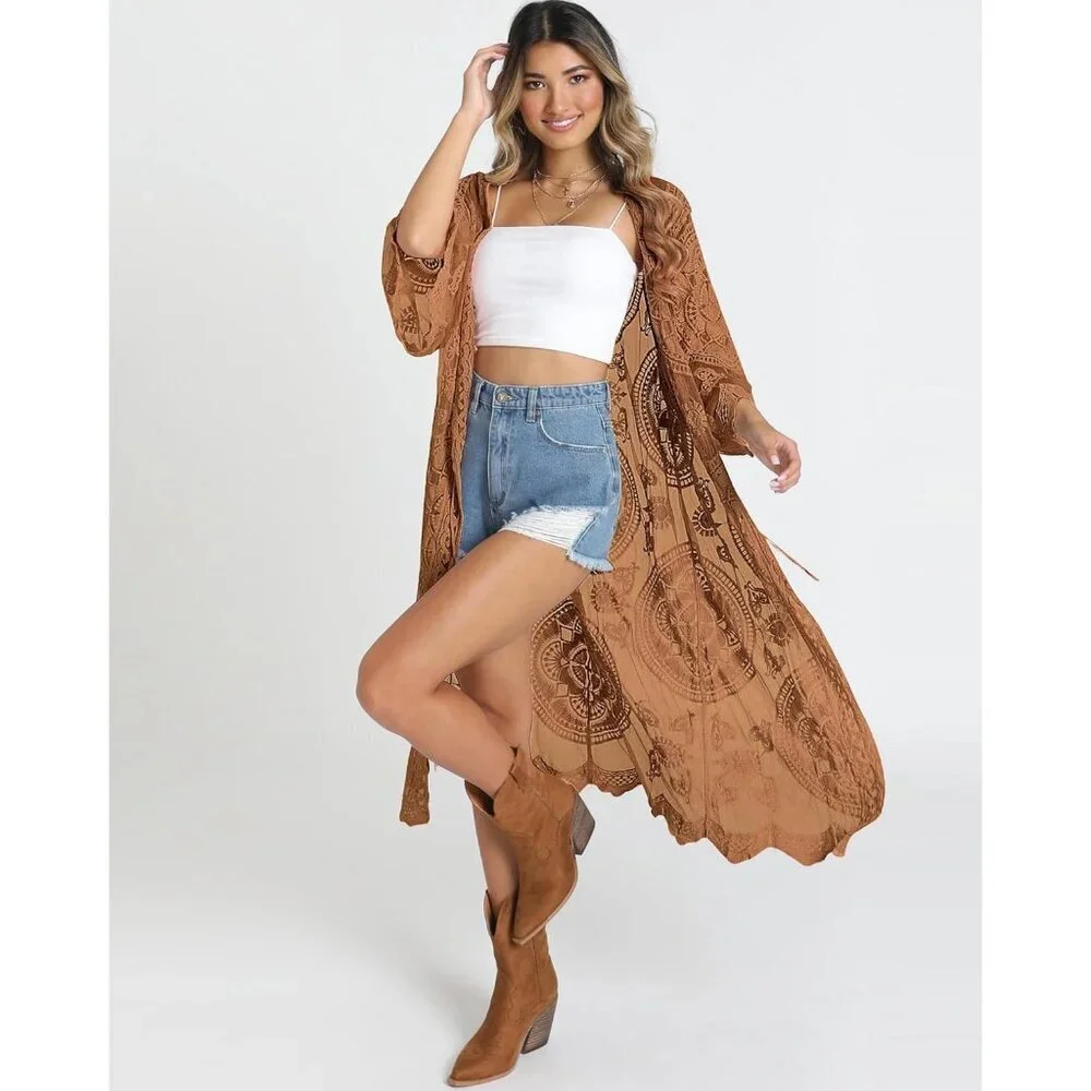 🆕Women Brown Mesh Open Front Cardigan Swimsuit Cover Up Beach Bathing Suit - Picture 5 of 6